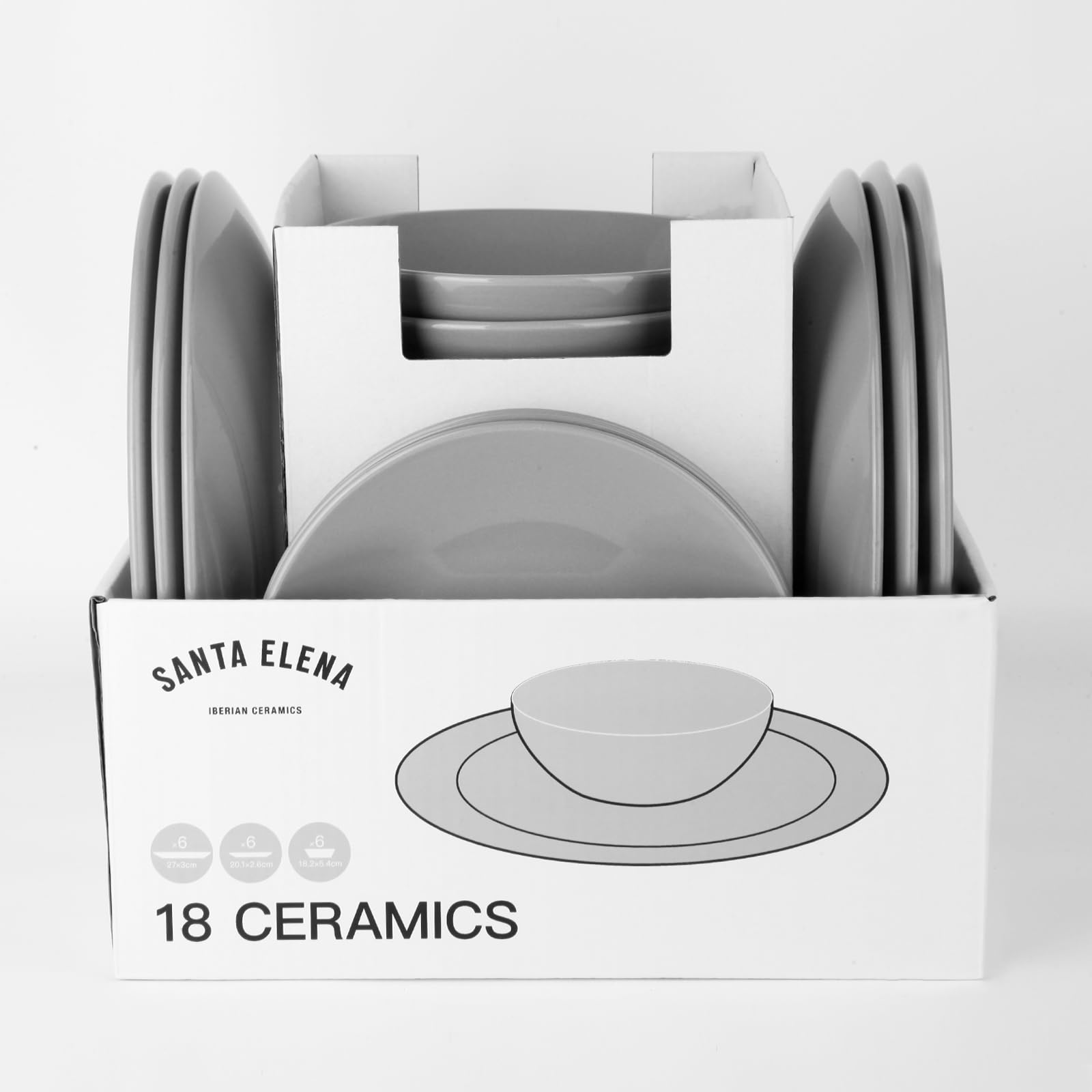 Vajilla Ceramica Santa Elena 18 Piezas Modelo Luna - Color Gris- Servicio para 6 Personas - Apta para Lavavajillas y Microhondas - Resistente Manchas y Arañazos - Diseño Ergonómico - Limpieza Fácil.