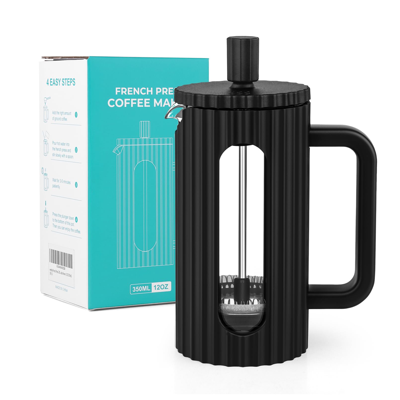 Sivaphe French Press Coffee Maker Cafetiere 350ml/12oz French Press Caffettiera Brewer Tea Maker with Heat Resistant Borosilicate Glass Stainless Steel Filter Black