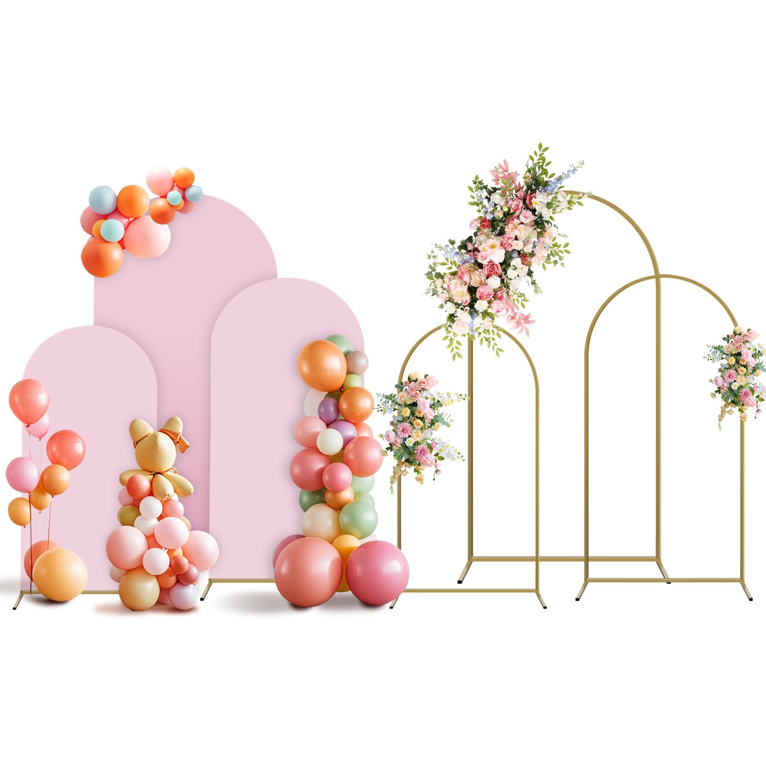 Photo 1 of Holldoor Arch Backdrop Stand and Cover Set, 3 Metal Balloon Arch Backdrop 7.2ft 6.6ft 6ft, Gold Arched Stand Frame for Wedding, Parties,Birthday, Backdrop Decorations (Pale Pink,7.2ft+6.6ft+6ft)