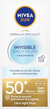 NIVEA SUN UV Face Invisible Daily Fluid SPF50+ 40ml, Face Sunscreen with Niacinamide, 8H Matte Effect SPF50 Face Moisturiser, Invisible On All Skin Tones