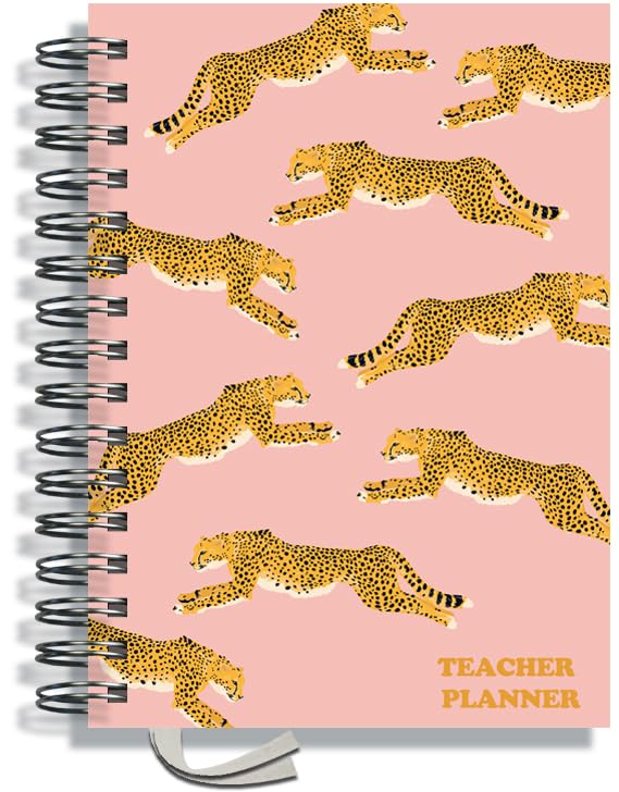 Teacher Planner 2026-2027 A5 size by Pirongs | 8 Lesson Planner for Teachers | Page a day | Undated, Hardback, Wiro-bound Teachers Planner - Cheeky Cheetahs