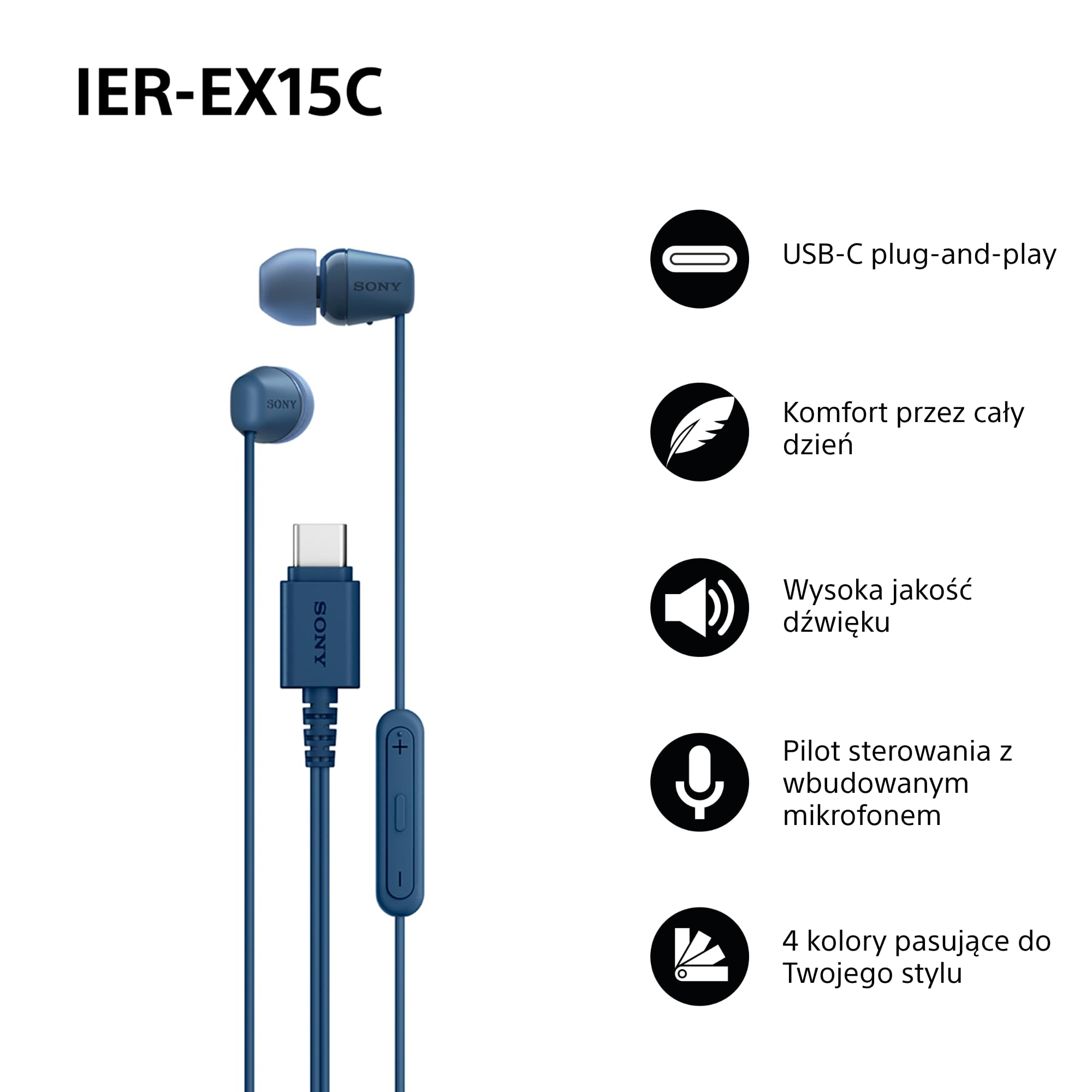 Przewodowe słuchawki douszne Sony IER-EX15C USB-C z mikrofonem - słuchawki douszne do Android, iPhone, laptopa i komputera - nieplączący się kabel, czysty dźwięk - do podróży i na co dzień - niebieski
