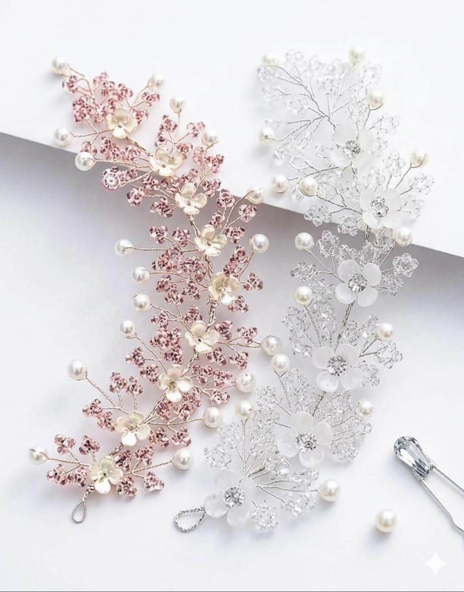 Bridal Floral Hair Vine Set of 2, Crystal and Pearl Blossoms, Rose Gold and Silver, Handcrafted Wedding Headpiece-image-47