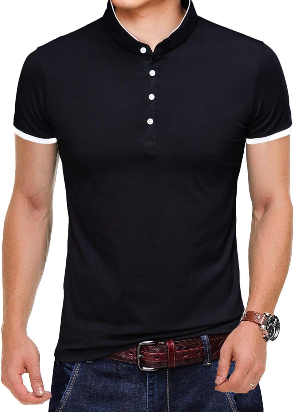 Mens Summer Slim Fit Pure Color Short Sleeve Polo Casual T-Shirts, 01 Long Sleeve Black, M