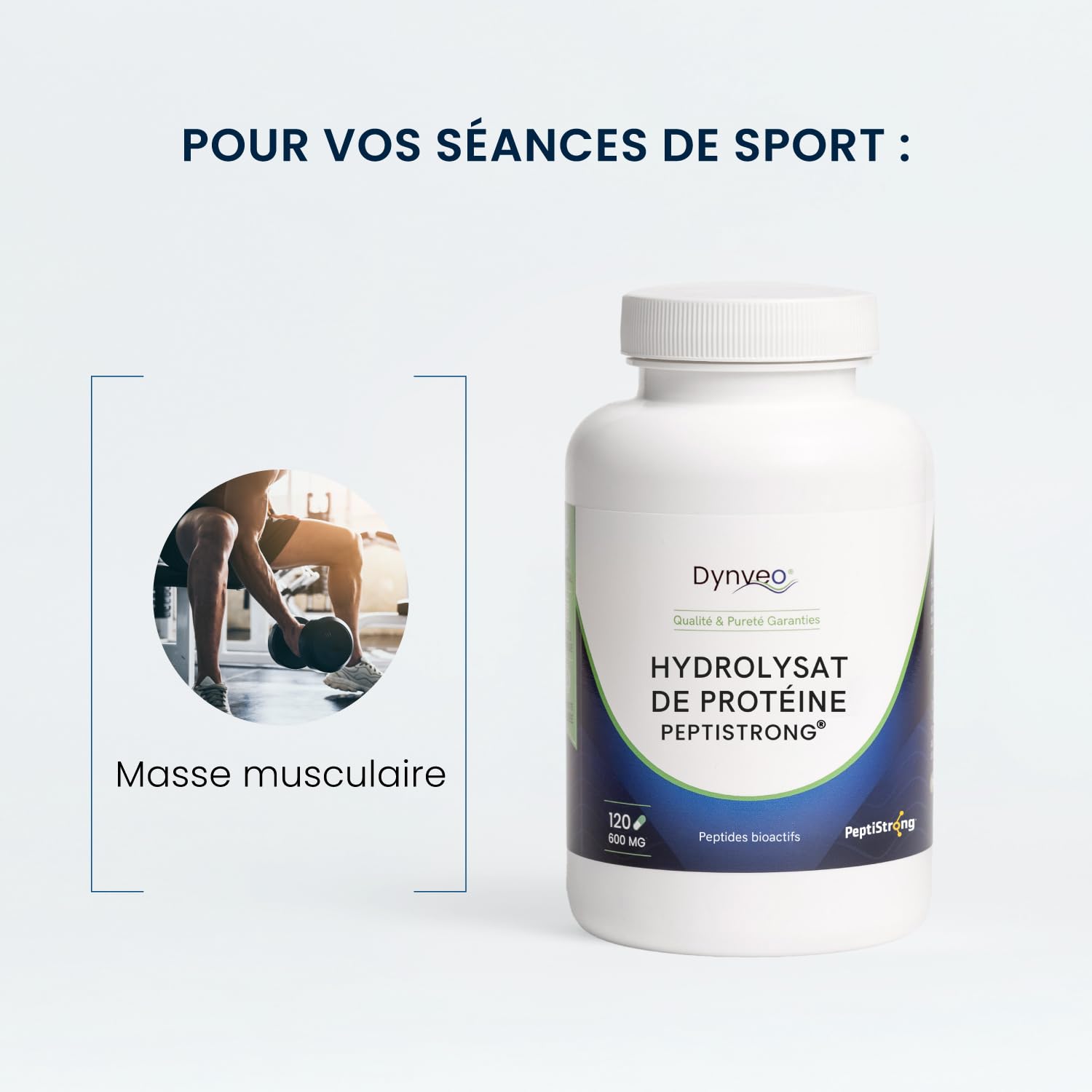 Hydrolysat de Protéines PeptiStrong™ 600mg, 120 Gélules - Issu de protéines de fèves hydrolysées - 100% Naturel et Végétarien - Sans Additif - Sport, Musculation - Fabriqué en France - DYNVEO