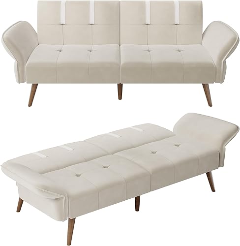 JAMFLY Sofá cama futón de terciopelo de 69 pulgadas, sofá cama convertible con reposabrazos y respaldo ajustables, moderno sofá biplaza para sala de