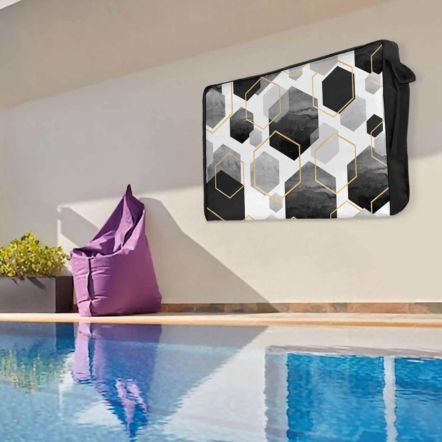 Outdoor TV Cover 75 Inch Black Geometric TV Enclosure Modern Abstract Lines TV Covers for Outside TV Display Screen Protector with Remote Control Pocket Home Decor