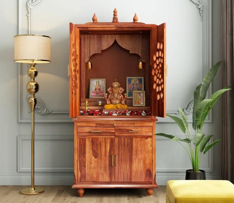 Solid Sheesham Wood Temple for Home | Pooja Mandir for Home Office Furniture | Extra Storage Cabinet | Floor Mount Cabinet | Honey Finish