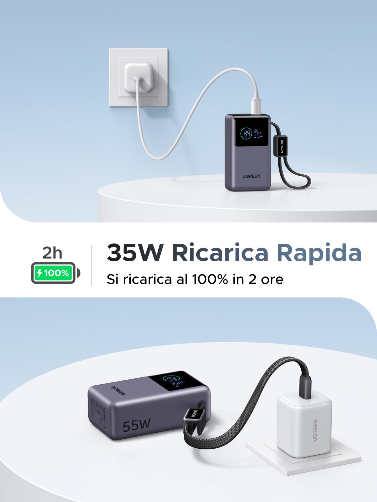 UGREEN Nexode Pro 55W Power Bank 10000mAh Caricatore Portatile (Grigio) | PD 45W Ricarica Rapida, Cavo USB C, 2 Porte 1C1A, Display Intelligente, Compatibile con Xiaomi Note 15 14 iPhone 17 16 Galaxy
