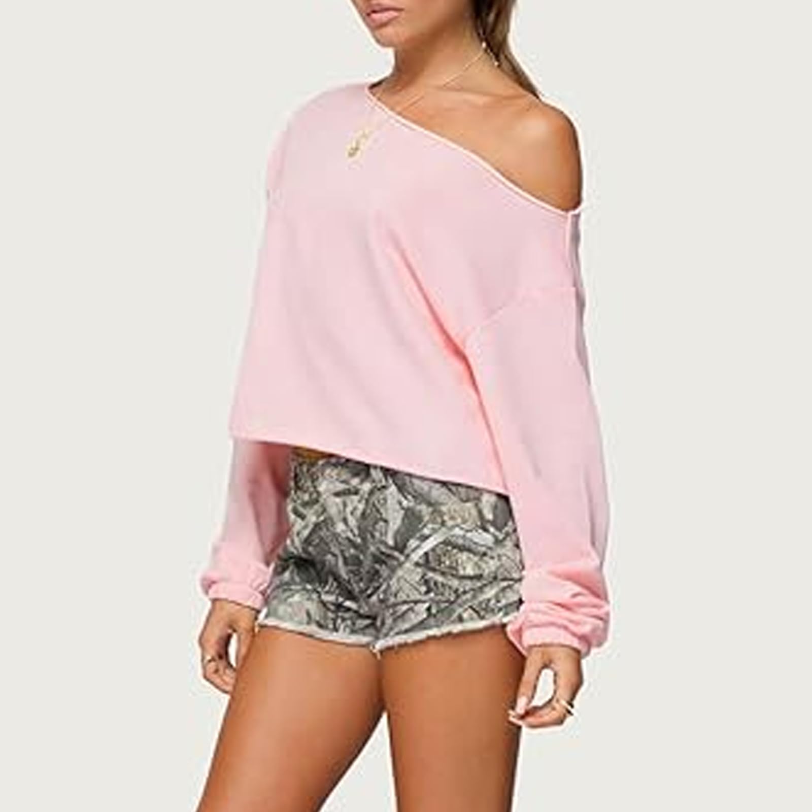 GXNRHG Las Mujeres Y2k de Gran tamaño Fuera del Hombro Crop Tops Casual Suelto Manga Larga Salir Jersey Sudadera Ropa Estética