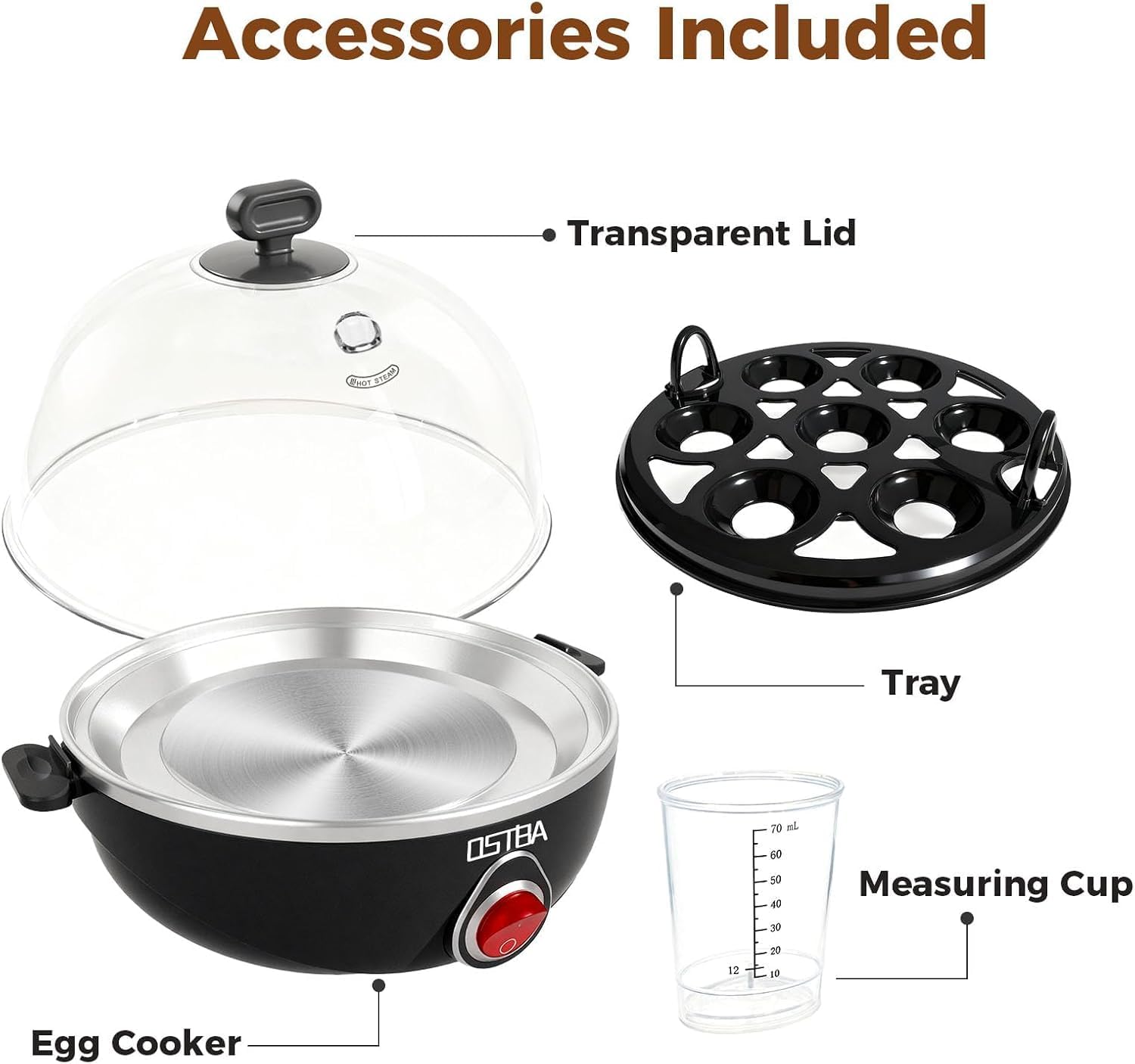 OSTBA Egg Cooker, 7-Egg Electric Boiler with Manual Switch, Overheat Protection, Mini Food Steamer for Soft, Medium & Hard Eggs, Easy to Clean, Portable, Black