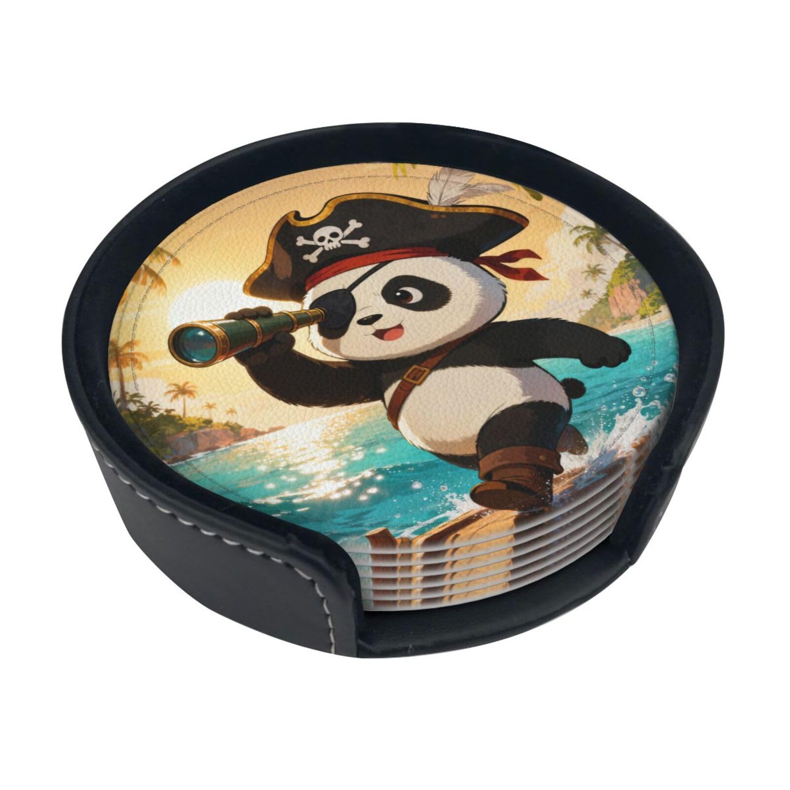 Cntdbu White Panda Pirate Eye Leather Coasters Set Of 6-Pu Leather Drink Mats For Table, Heat Resistant Round Coasters With Holder
