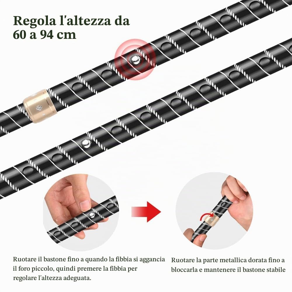 Bastone da passeggio regolabile in altezza per donne e uomini, OOCOME Bastone da passeggio regolabile con luce LED e punte in gomma, bastone da passeggio in alluminio per anziani e disabili