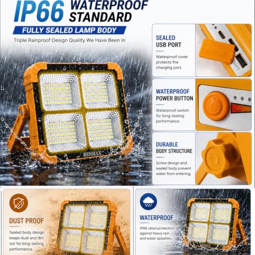 Image of RENMAX Solar Flood Light IP66 Waterproof 50W LED |Portable Cordless Rechargeable| 5-Hours Working| White-Warm White- Red Blue Blinker| for Home, Camping, Travel, Car, Garden, Balcony, Courtyard -1Pc