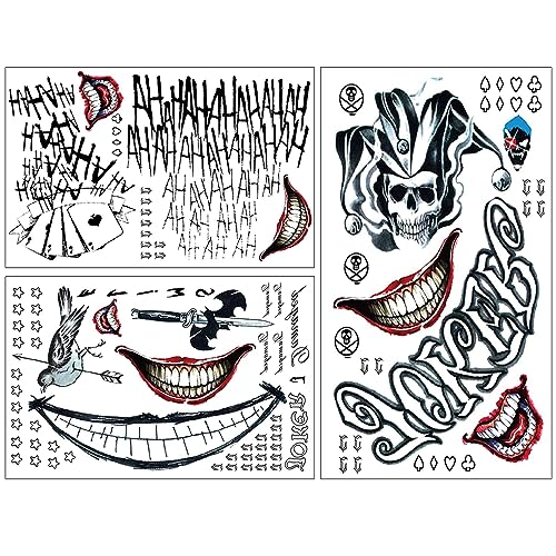 3 Pcs Halloween Clown Temporäre Tattoo Joker Tattoos Suicide Squad Abziehbar Cosplay Aufkleber für Horror Night Maskerade Thema Party Unisex-Erwachsene (20 * 30cm)