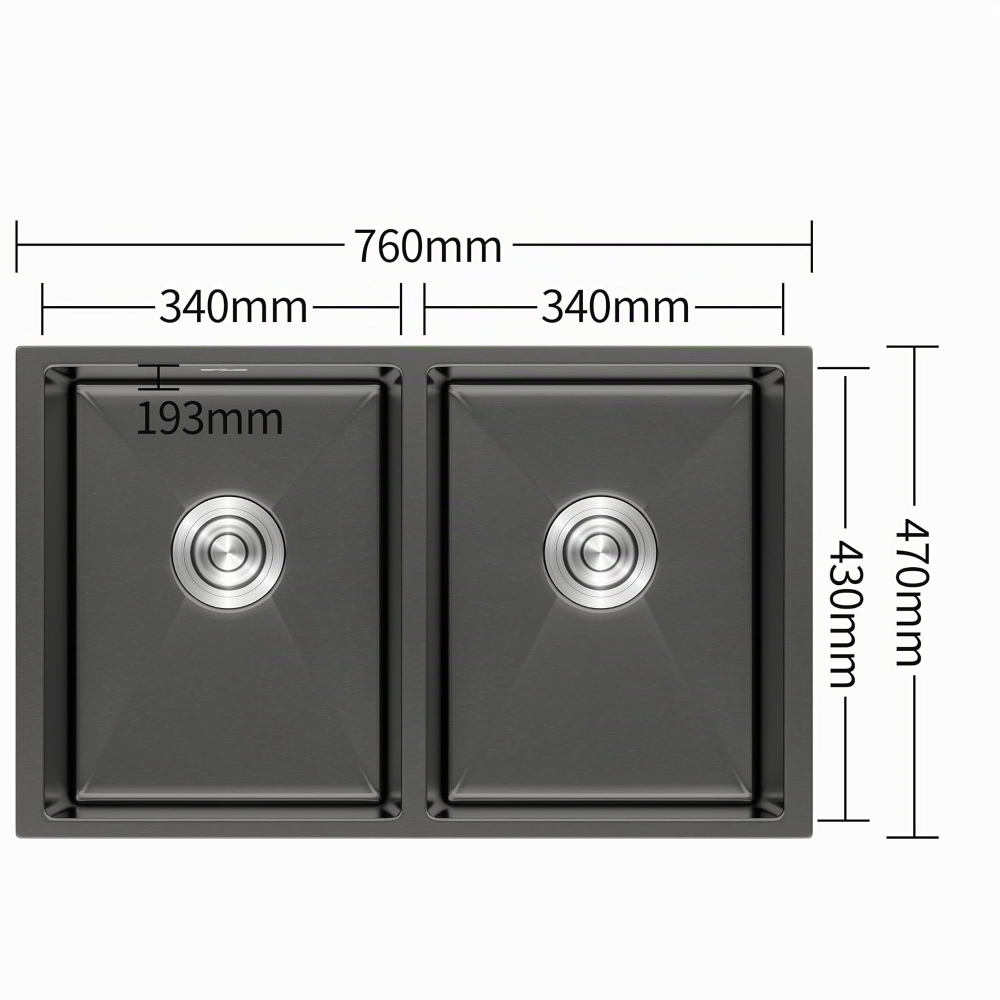 Fregadero de Cocina Doble Seno 760x470 mm, 2 Cubetas 200 mm Altura, Sobre Encimera, Desagüe Ø110 mm (Negro)
