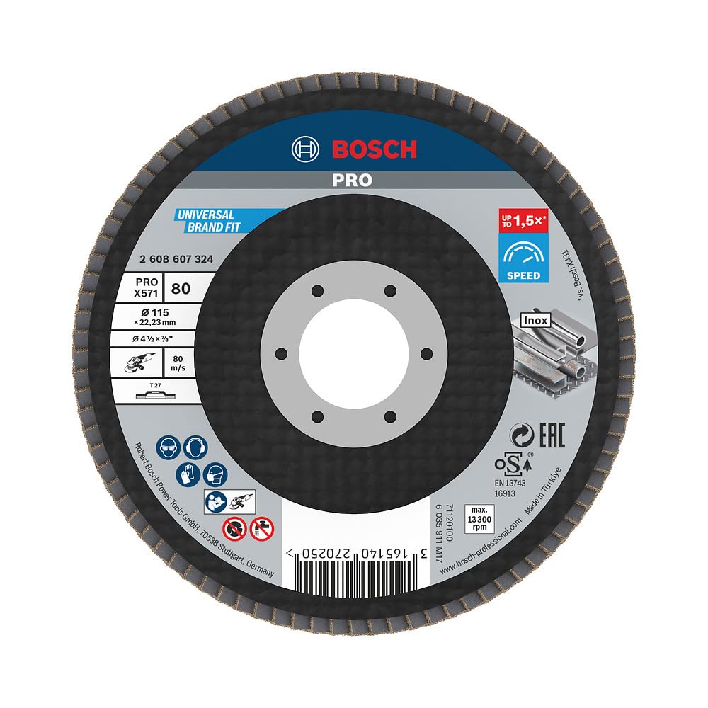 Bosch Black/Brown 1X Pro Metal X571 Flap Disc Straight Version Fiber For Small Angle Grinders (For Steel, Stainless Steel, Ø 115 Mm, Grit 80, Professional Accessory Small Angle Grinder)