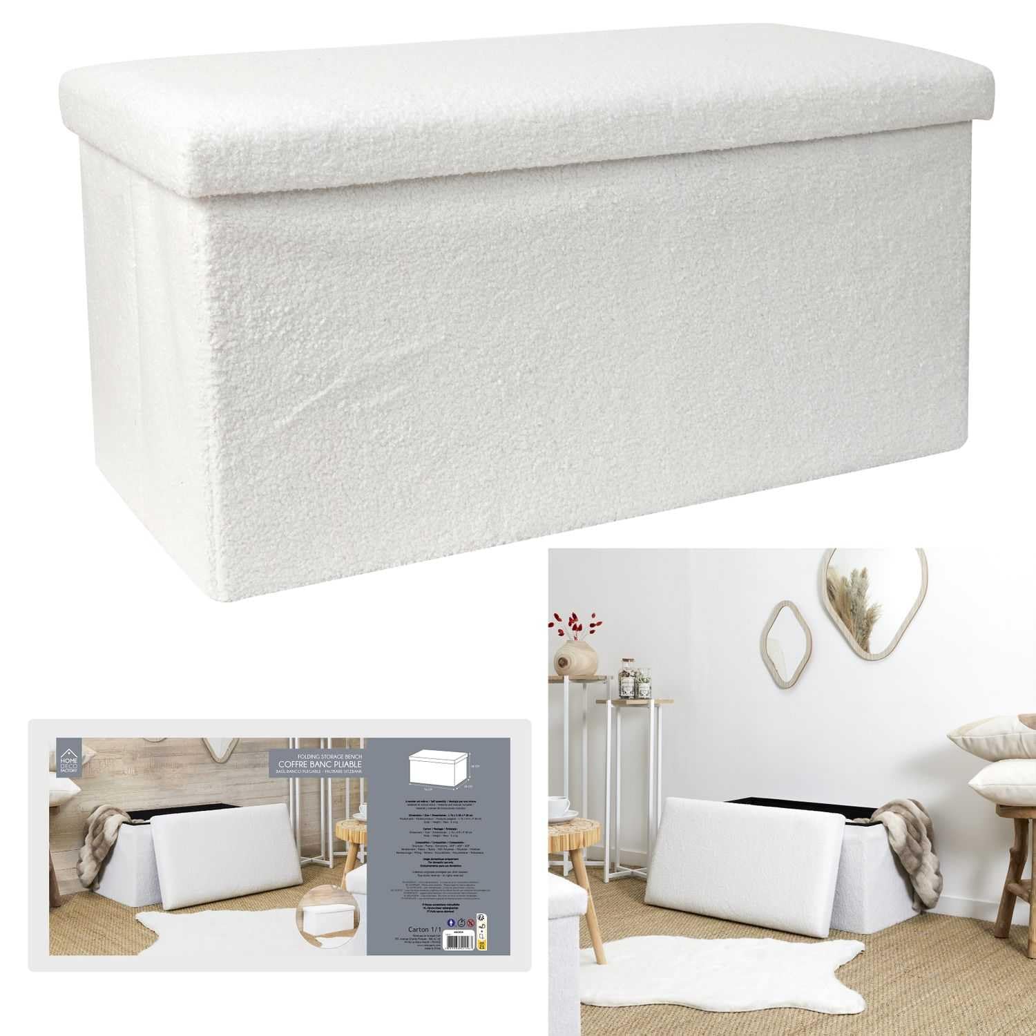 HOME DECO FACTORY Baule Panca Pieghevole in Bouclé Contenitore Bianco