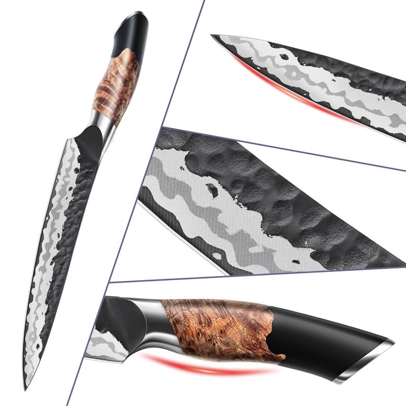 SHAN ZU Coltello Multiuso Giapponese 15 cm Forgiato a Mano | Acciaio a 7 Strati ad Alto Carbonio, Manico Ergonomico in Acero, Ultra Affilato
