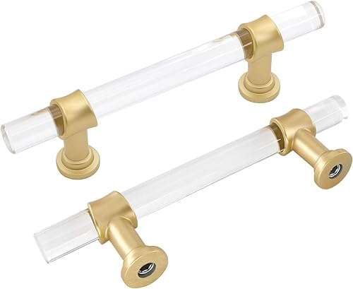 homdiy LS9165GD76 - Tiradores acrílicos de latón cepillado para cajones, manijas de gabinete transparentes para cajones de tocador, manijas de