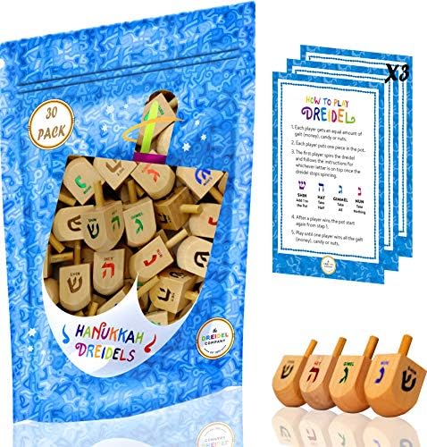 Wood Dreidels Hanukkah Draydel with English Transliteration & Instruction Cards! (30-Pack)