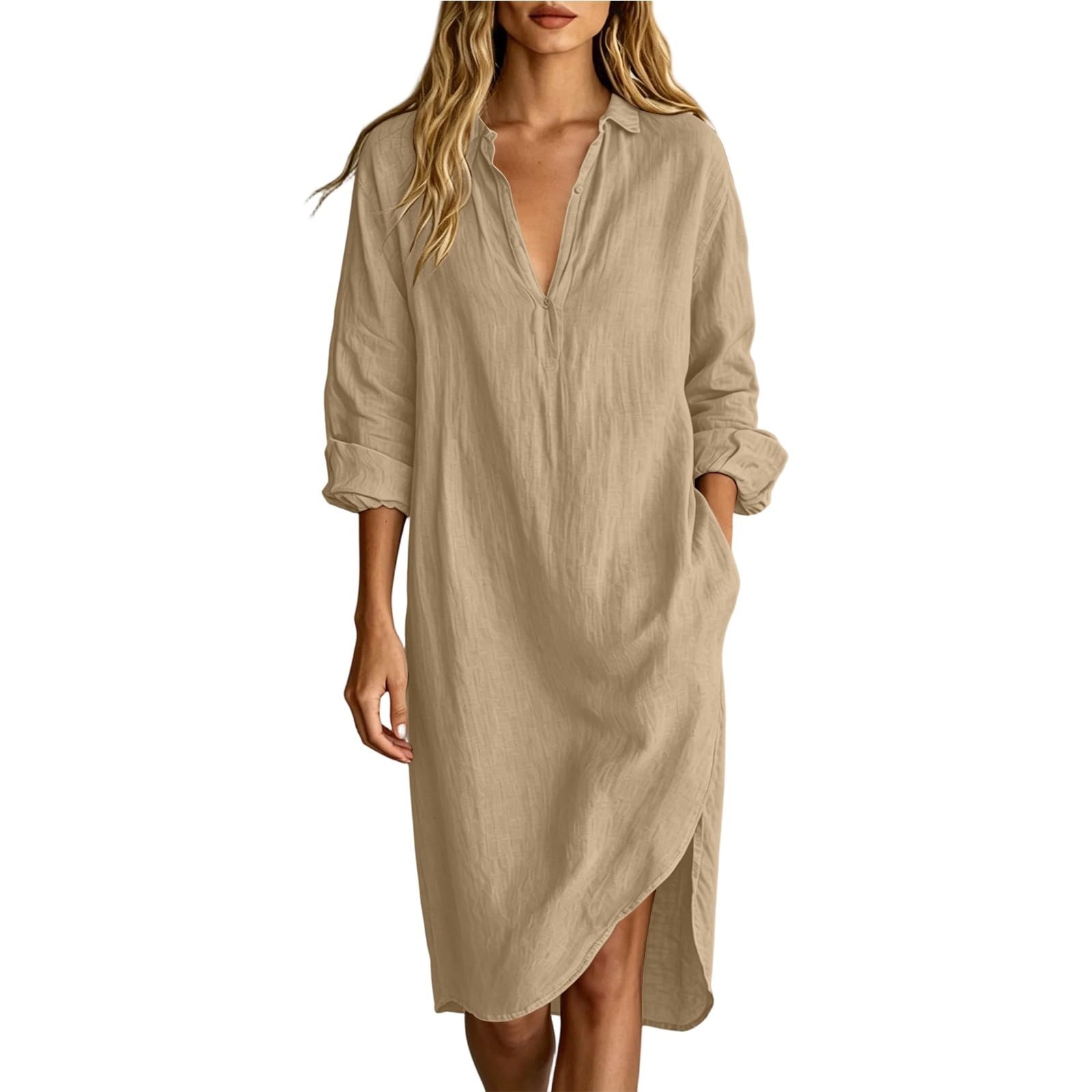 Vestido de muselina para mujer, manga larga, cuello en V, vestido de verano, algodón y lino, de secado rápido, vestidos de playa para mujer