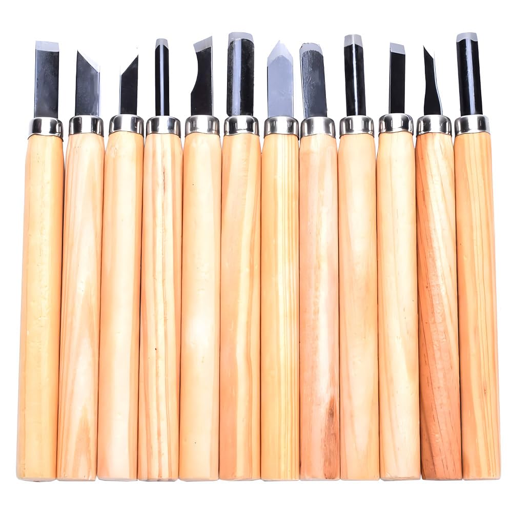 Kigauru 12Pcs Wood Carving Knife, Manganese Steel Wood Carving Chisel Set, 136mm Length, Power Grip Carving Tools, Great for Kids and Beginners, DIY Wood Working Tools and Accessories