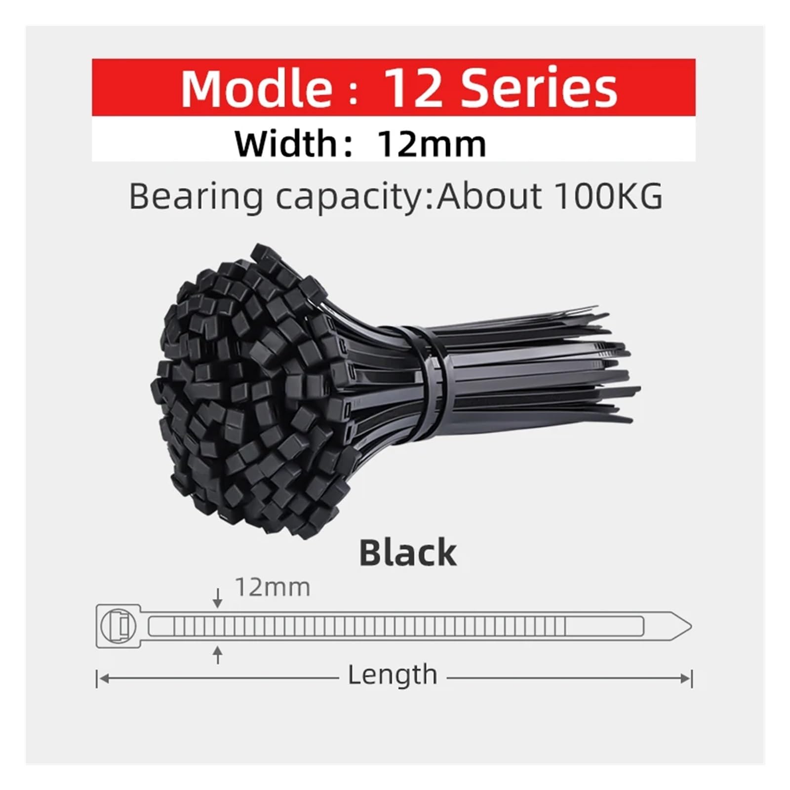 100 fascette stringicavo in nylon extra grandi, larghezza 12 mm x 300/400/500, cablaggio autobloccante, ispessimento in plastica per bicicletta (12 serie nera, 12 x 300 mm, 100 pezzi)
