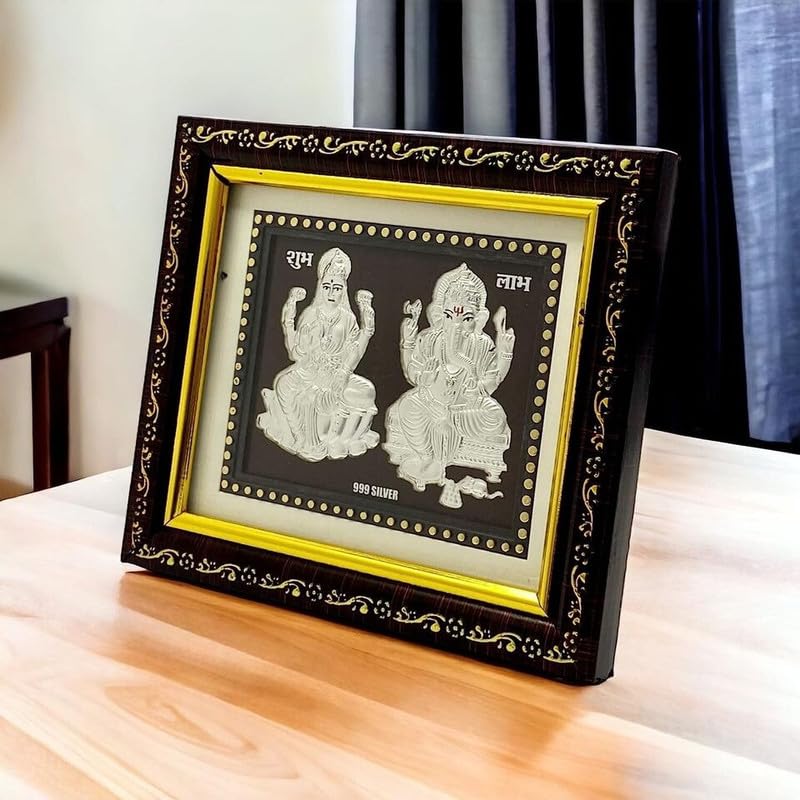 Image of Ganesh Lakshmi 999 Pure Silver God Frame | Diwali Poojan Gift for Home Temple | Lakshmi Ganesh Murti | Auspicious Festival Decor | Lakshmi Devi Idol for Wallet, Mandir, Desk