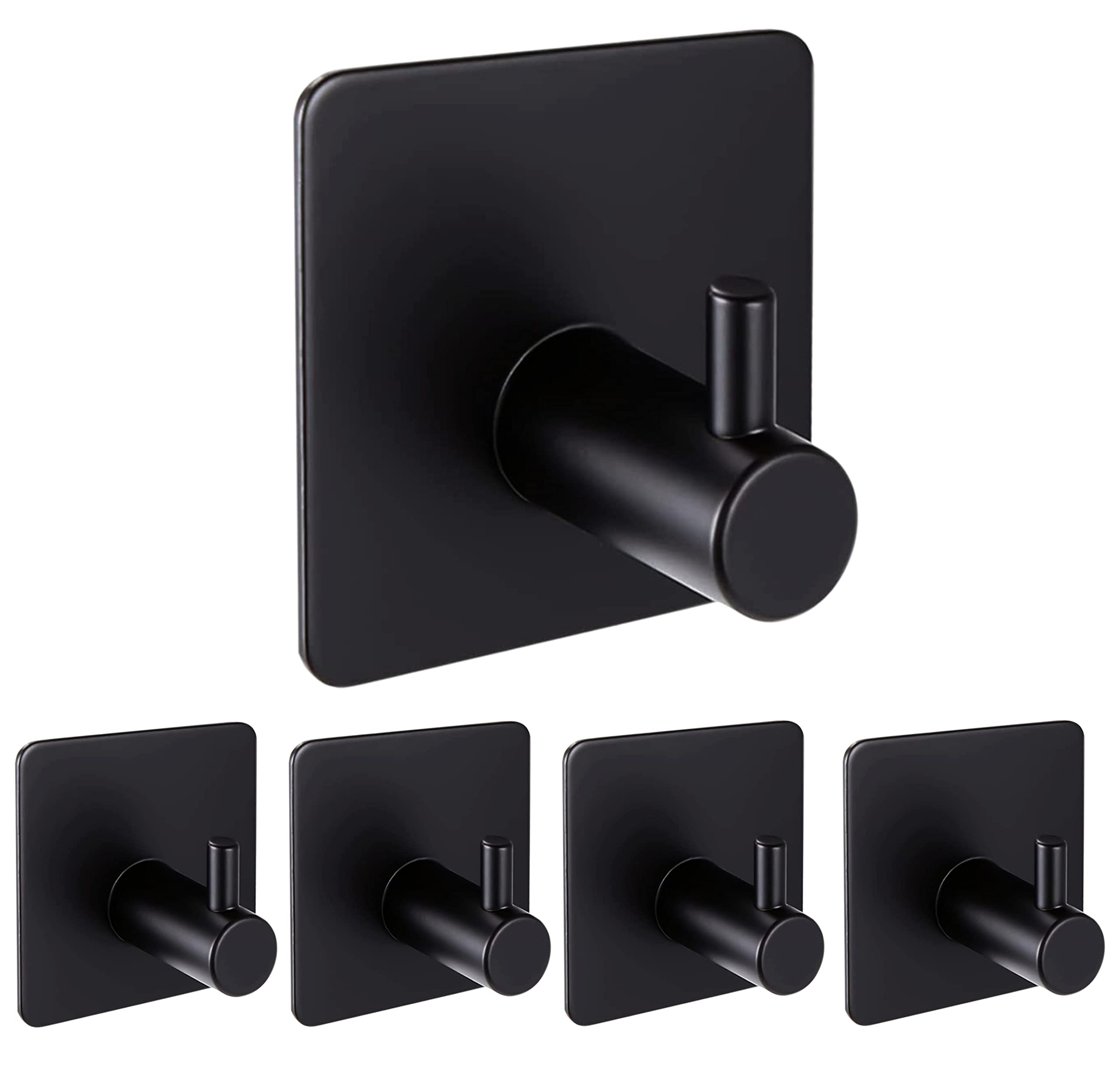 JIALTO 5 PCS Adhesive Hooks Heavy Duty Wall Hooks Waterproof Stainless Steel Hooks for Hanging Coat, Hat,Towel Robe Hook Rack Wall Mount- Bathroom and Bedroom (Square Black)