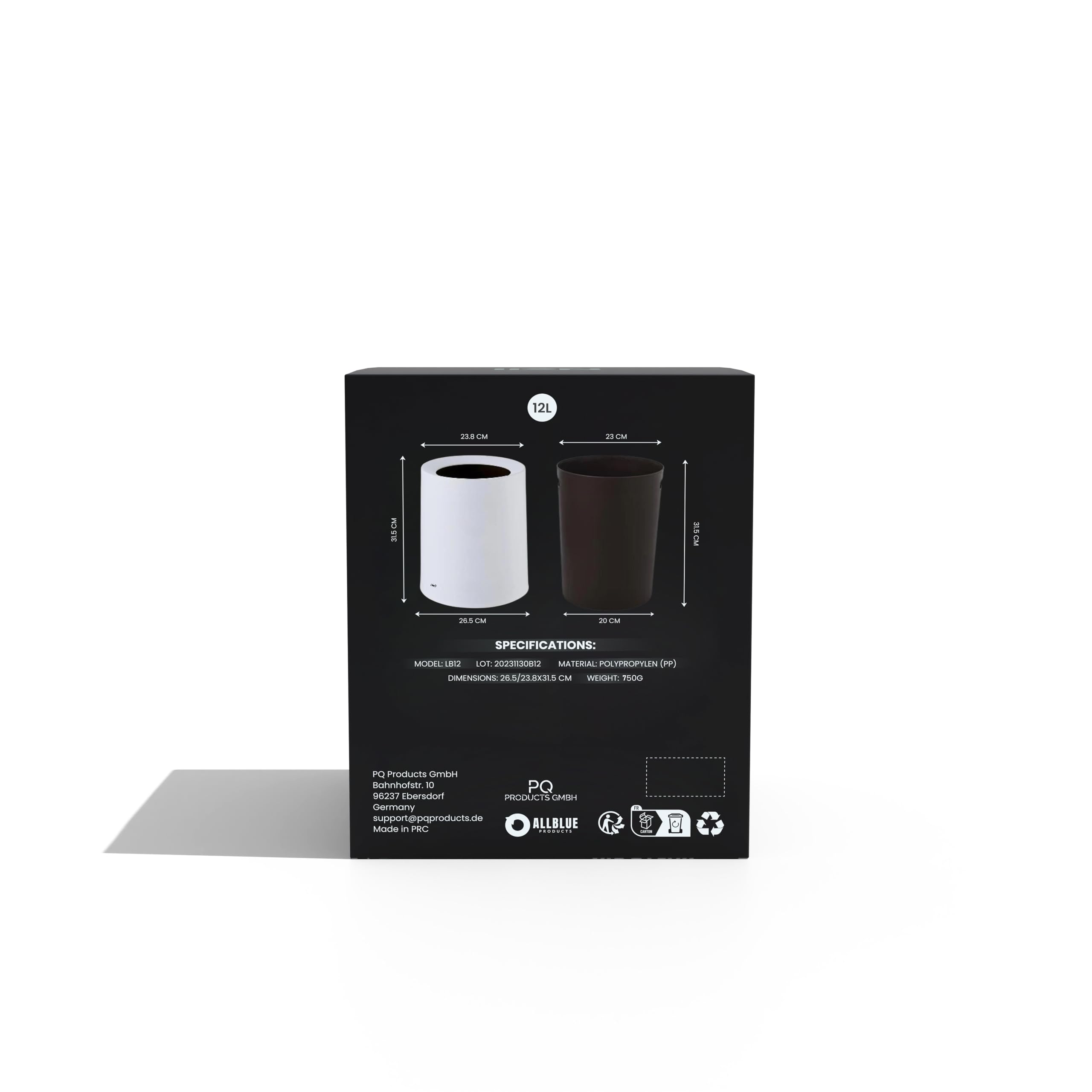 Nell Cubo de basura para oficina de 12 litros, color negro mate, ideal para oficina, cocina y salón, elegante y versátil, plástico duradero, elegante y práctico (negro, 12 l sin tapa)