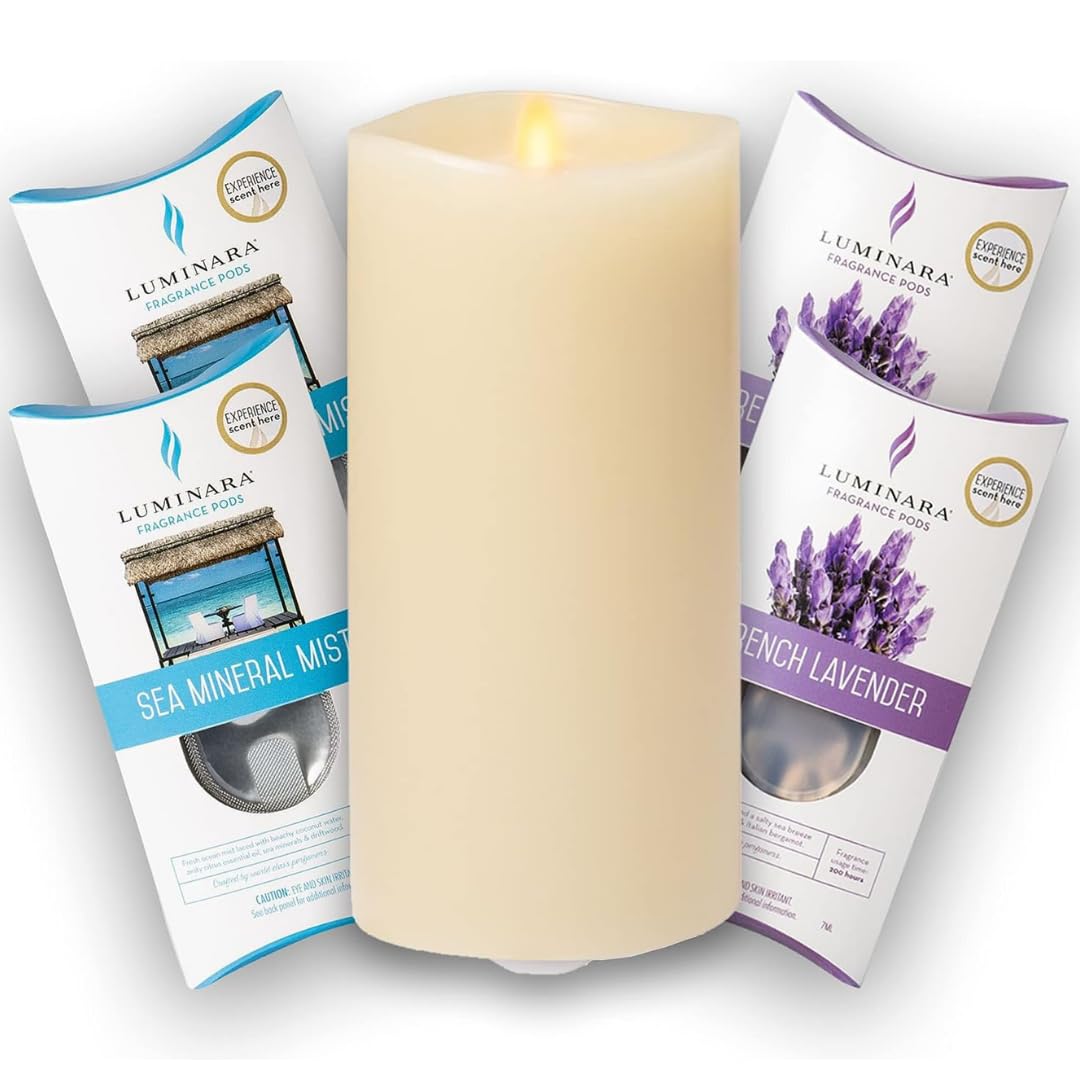 Luminara Indoor Ivory 9.55cm x 17.78cm Pillar Candle with 2 Sea Mineral Mist Fragrance Pods and 2 Lavender Fragrance Pods - Flameless Candle - LED Candle - Battery Powered Candles l