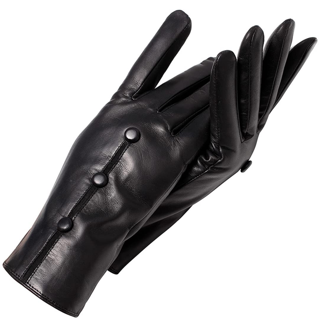 Guanti in pelle vintage moda femminile Guanti da polso da ciclismo invernali da donna con design a scatto caldo Black 40
