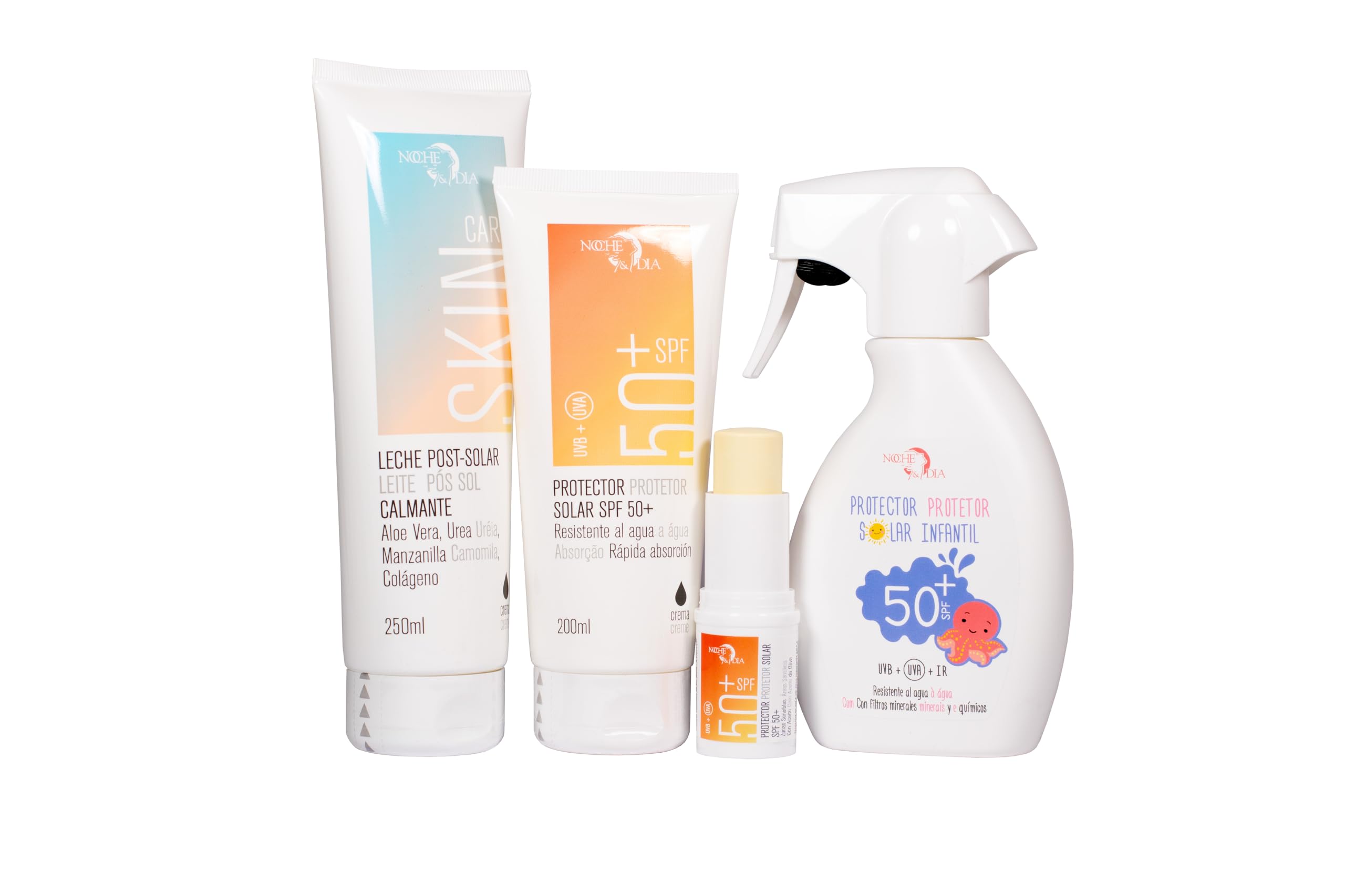 Protección Solar Familiar Pack. Crema Solar 50+ adultos 200ml, Protector Solar 50+ niños spray 200ml, Alfer Sun 200ml y Stick protector Solar zonas sensibles 50+ 13g. Marca Noche y Día. Regalo Neceser