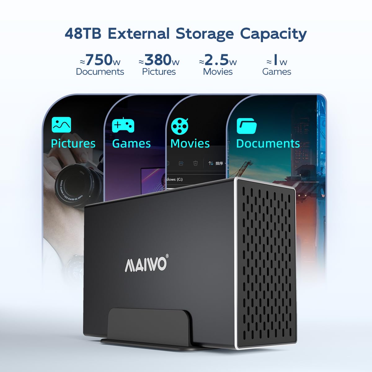 MAIWO Enclosure RAID per disco rigido a doppia baia con ventola di raffreddamento per SSD SATA da 2,5/3,5", alloggiamento HDD USB 3.0 da 5 Gbps, capacità 48 TB, RAID 0/1/JBOD/PM, custodia in alluminio