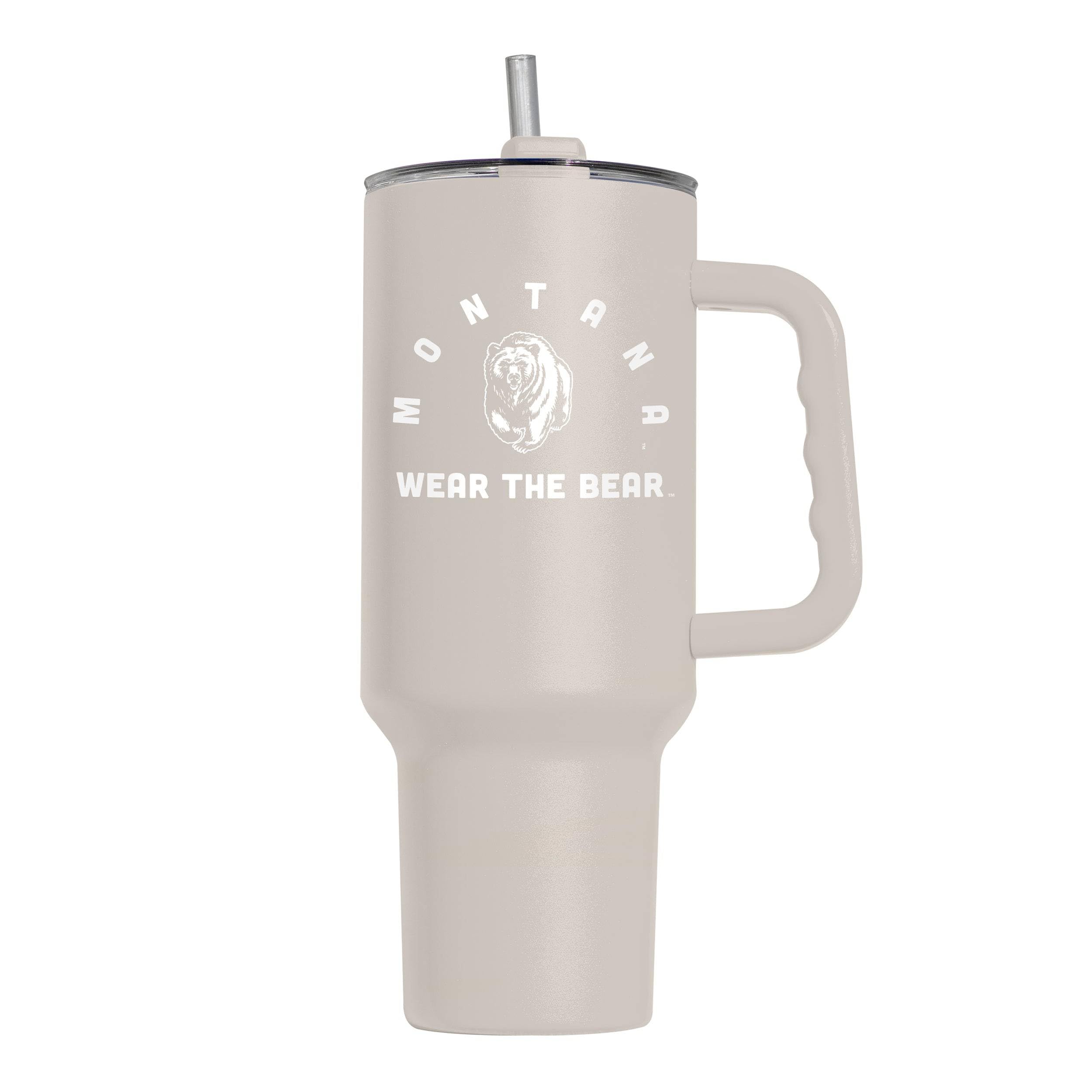 Logo Brands NCAA Montana Grizzlies Sand 40 oz Tumbler with Handle - Stylish Everyday Use Powder Coated-Stainless Steel with Straw- Keeps Cold For Hours