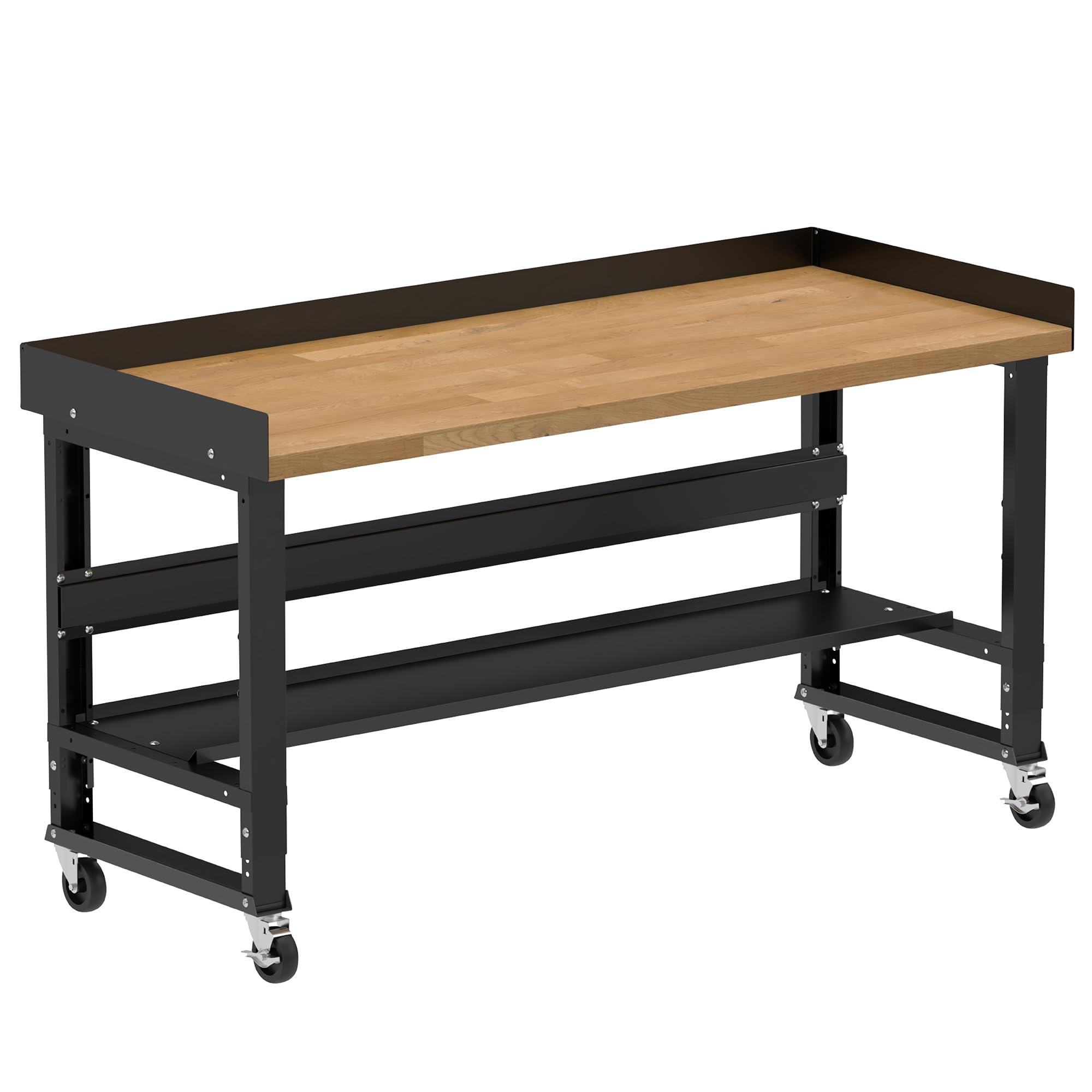 Borroughs 72" W x 30" D Heavy-Duty Mobile Workbench, Hardwood Top, 750 LB Capacity, Bottom Shelf, Edge Guards & Casters, Adjustable Height 36-42"
