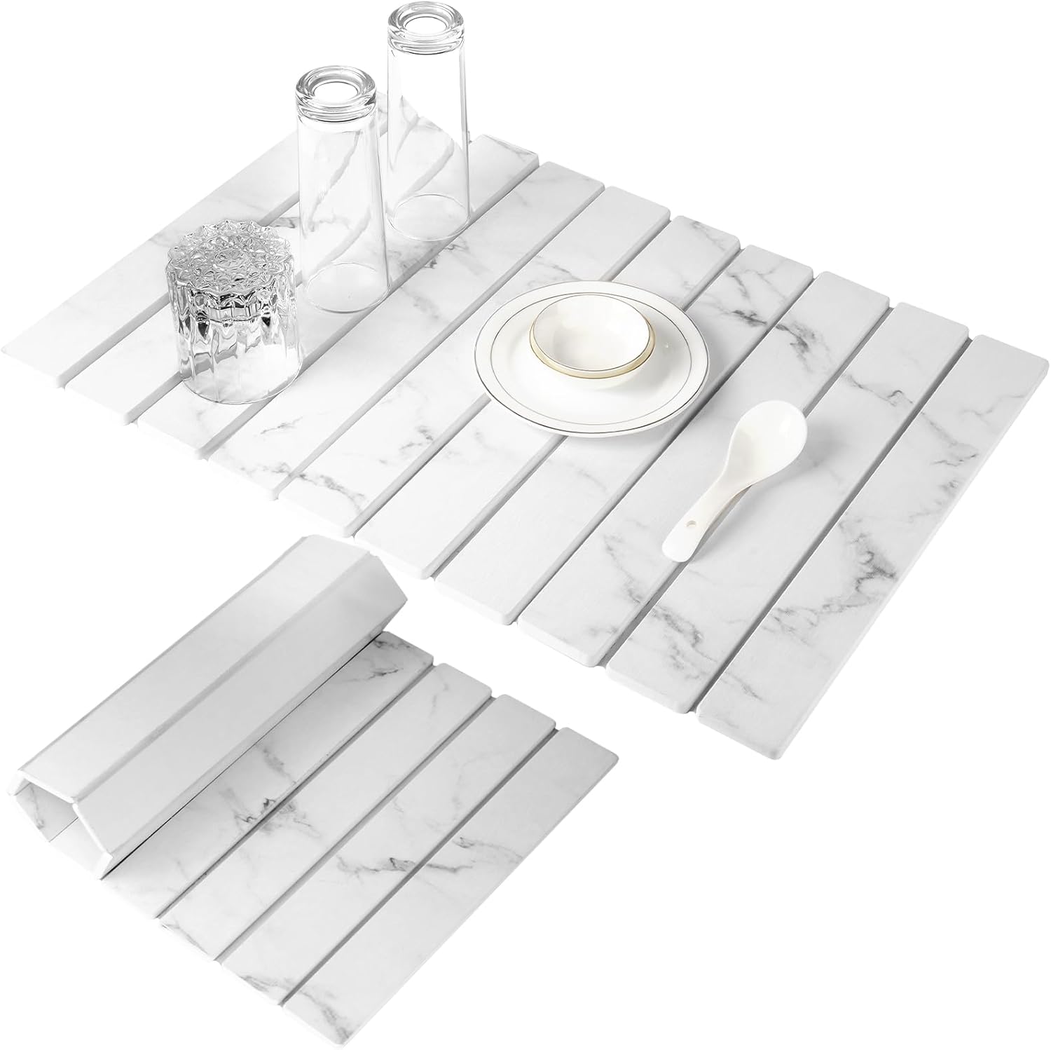 Large Stone Dish Drying Mats for Kitchen Counter 24"(L)×16"(W) Foldable Quick Dry Stone Dish Drying Mats Kitchen Absorbent Diatomaceous Earth Drying Stone Mat for Dishes Bottles Cups Marble White Foldable-Marble White 23.6" x 15.4"