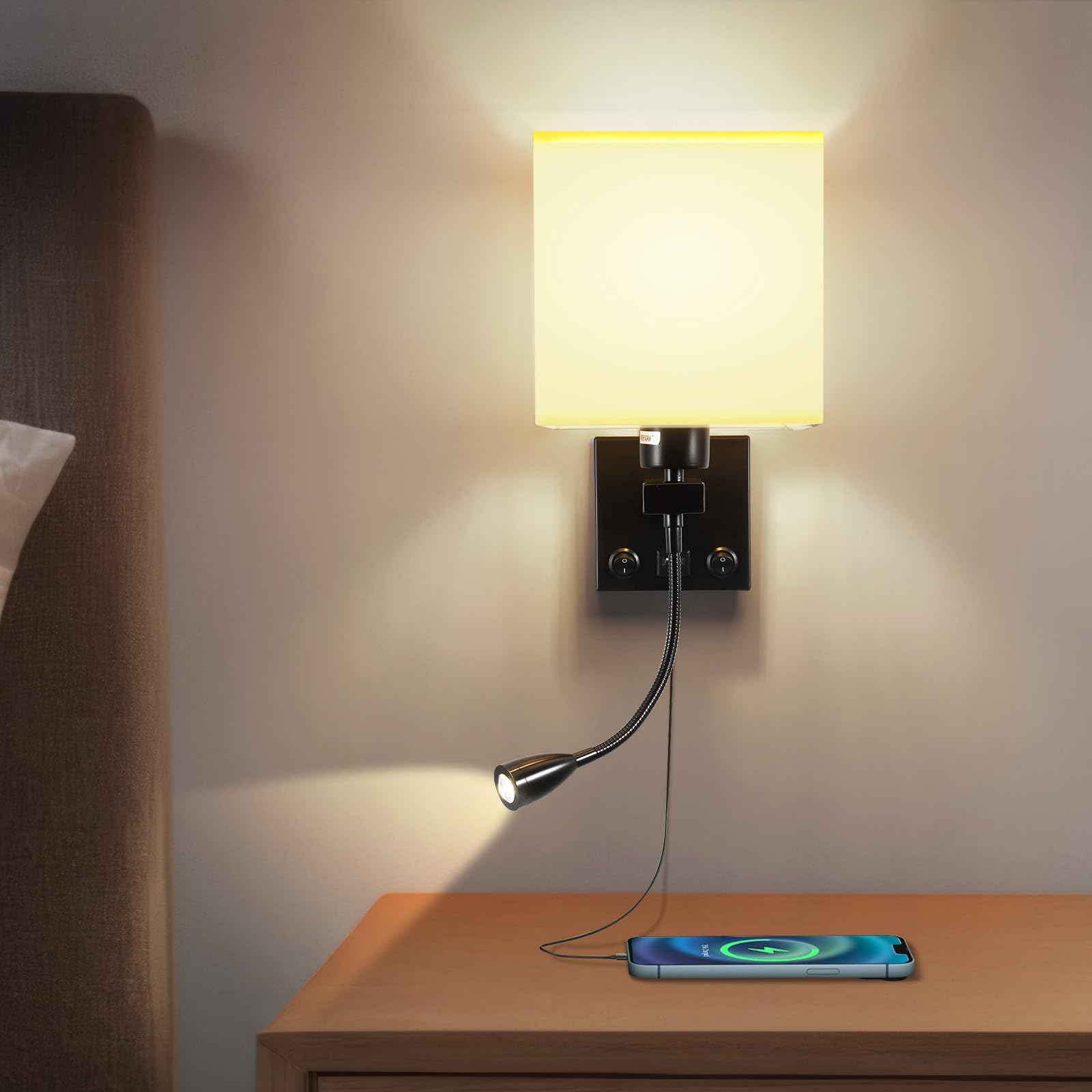 Luz de la Mesilla de Noche, Lámpara de Pared de Lectura LED Lámpara de Pared Moderna Dormitoriocon Foco de Cuello de Cisne Ajustable, Interruptores Dobles, Con Puerto USB para Cargar E27 (base negra)