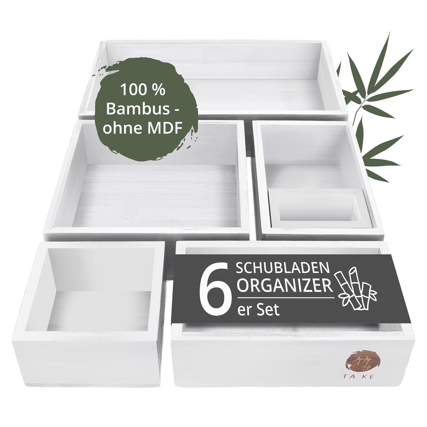 TAKE® 6-częściowy organizer do szuflad, wykonany w 100% z naturalnego bambusa (biały) – organizer do szuflad, pudełka w różnych rozmiarach, do kuchni, łazienki i biura, organizer do szuflad, toaletki