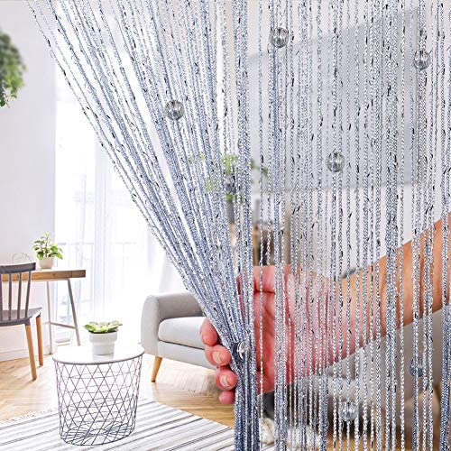 2PCS String Bead Curtain Silver 90x200cm Beaded Door Curtains Crystal Beads Curtain Glitter Curtains Home Decor Tassel String Curtain Panel Room Divider Curtain Doorway Curtains Beaded Closet Panel