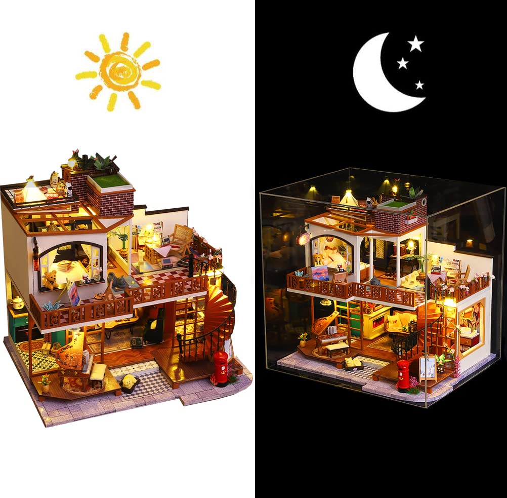 Mini casa con LED DIY kit de casa de muñecas habitación creativa miniatura vintage estilo europeo juguete rompecabezas Navidad montado casa de muñecas para niñas mujeres