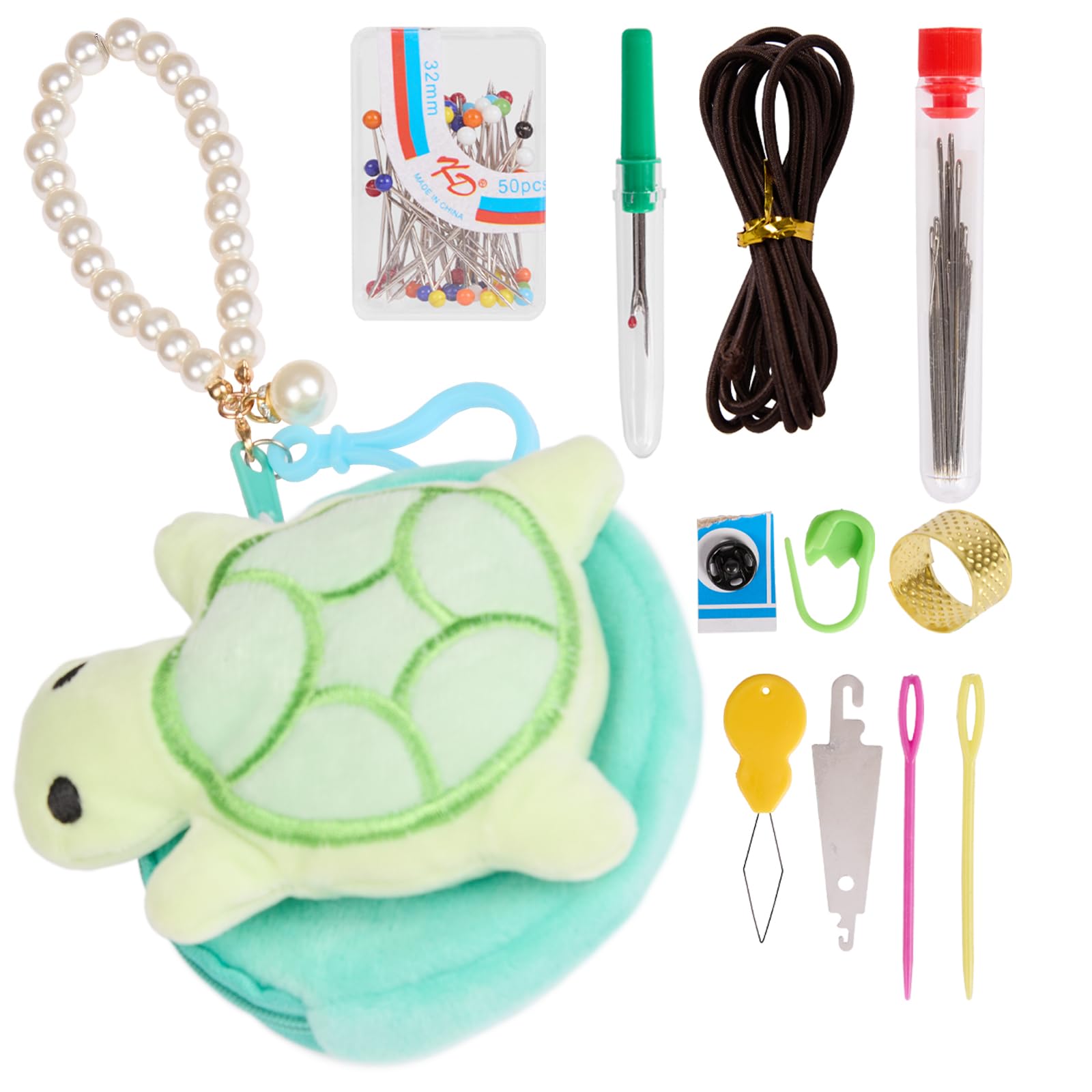 Creawonder Tortoise-Green With Storage Bag And Pearl Bracelet Tortoise Shape Pin Cushion With Sewing Storage Bag And Pearl Bracelet, Cute Pincushions Sewing Kit Accessories Supplies Needle Cushions Holder Fabric Pins For Jewelry Quilting Diy Crafts