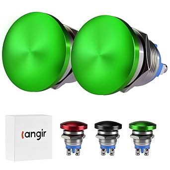 Green 16mm Mushroom Push Button Switch 5A 250V AC/DC Momentary, IP65 Waterproof, Suitable for 12V 24V 36V 110V 250V 2 Pack