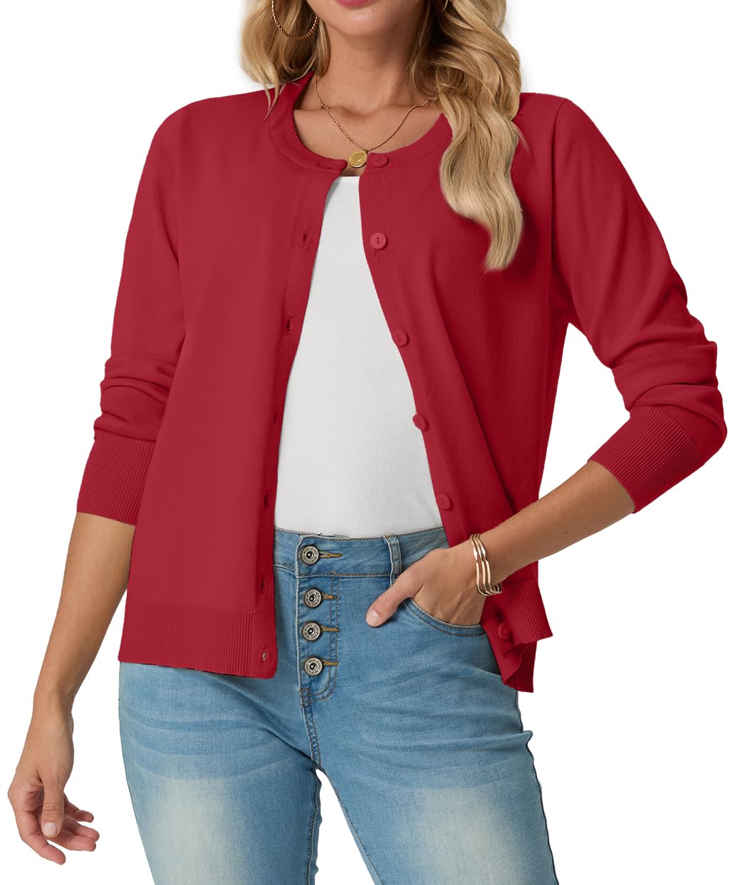 GRECERELLE Cardigan for Women Crew Neck Long Sleeve Open Front Button Down Classic Knit Sweater Casual Loose