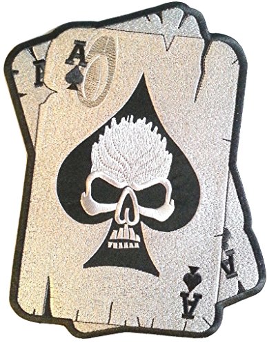 Écusson Patch Badge Brodé appliqué a Coudre Biker Crane Tete de Mort Poker Grand Format Taille Skull Carte Ass 24 x 16,5 cm