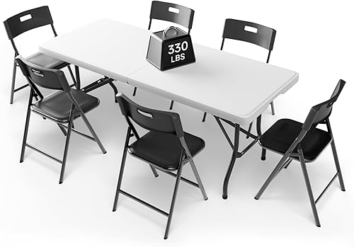 Miniatura 19 de Juego de Mesa Plegable de 6 Pies con 8 Sillas Plegables, Mesa de Servicio Pesado 330 lbs y Sillas de 330 lbs, Paquete de Muebles Plegables Negro