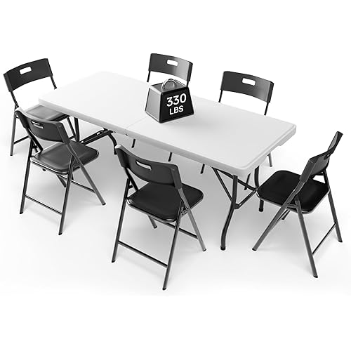 Portable 6-Piece Folding Table and Chairs Set – Heavy-Duty 6ft Camping & Party Furniture for Indoor/Outdoor Events (All-Weather, Black)