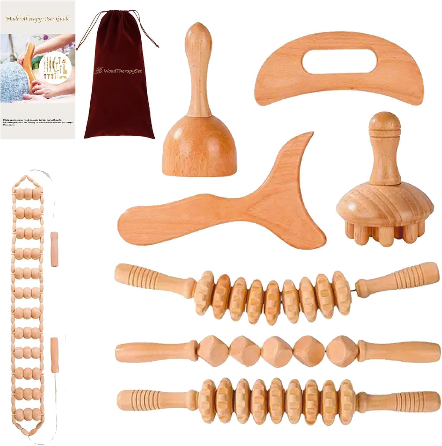 Kit de massage en bois 8 pièces – Masseur de madérothérapie pour drainage lymphatique, tonification du corps et anti-cellulite, relaxation musculaire et soulagement de la douleur