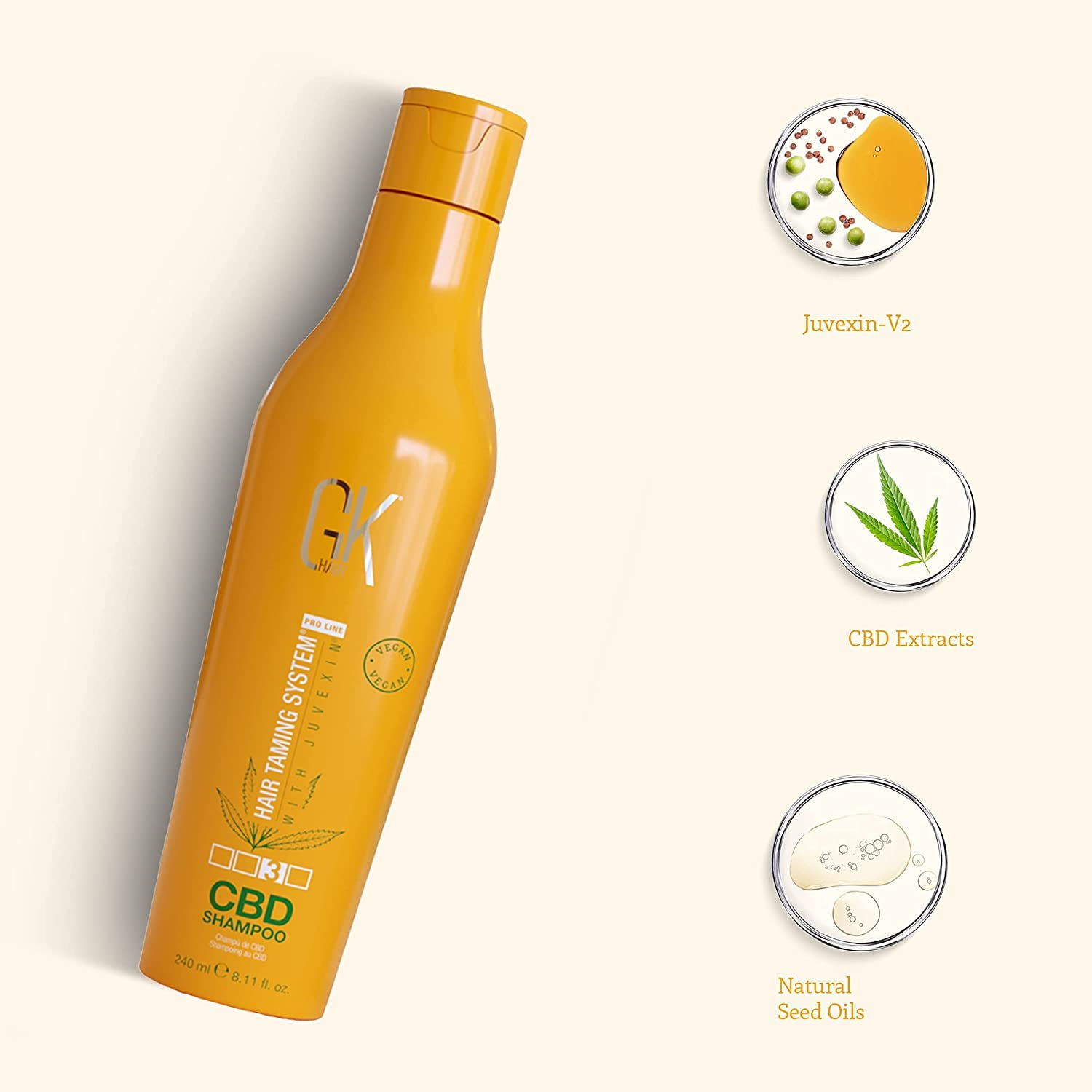 GK HAIR Global Keratin Hemp Shampoo (240ml / 8.11 FL Oz) Idratante, rinforzante, colore trattato, riparazione danneggiata, nutriente e lucentezza infusa con solfato organico vegano senza parabeni